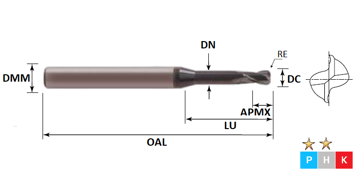 1.2mm 2 Flute (0.1mm Radius, 6.0mm Effective Length) Rib Processing Pulsar DMX Carbide Slot Drill